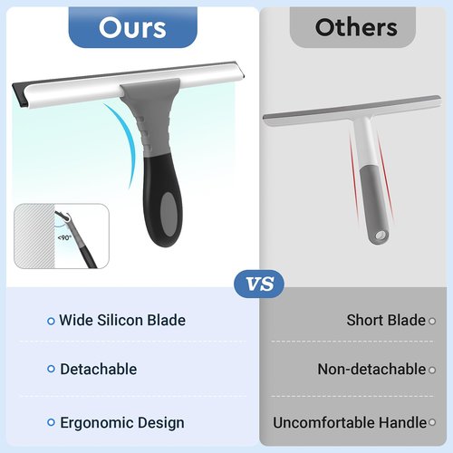 All-Purpose Silicone Shower Squeegee for Glass, Window, Door, Mirror, Car Windshield & Tile Wall, Portable Cleaner Tools, Includes One Hook & One Adhesive,10 Inches (Gray)