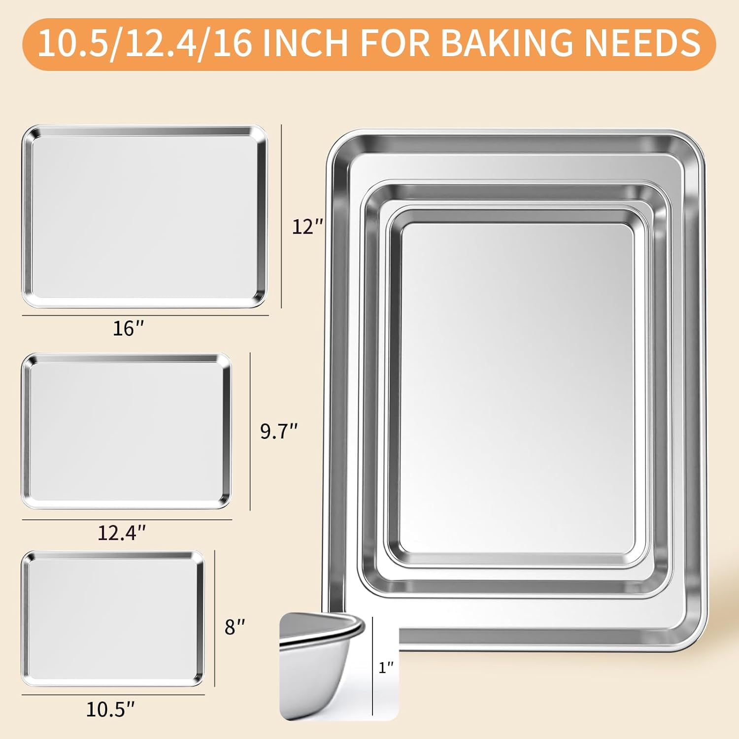 Skiennix Baking Sheet Set - Heavy-Duty Stainless Steel Cookie Pans | Non-Stick, Easy Clean, 10.5/12.4/16 Inch