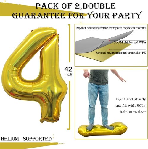 GOER Gold Foil Number 4 Balloons - Huge 42" & 32" Birthday Party Decorations (3 Pcs)
