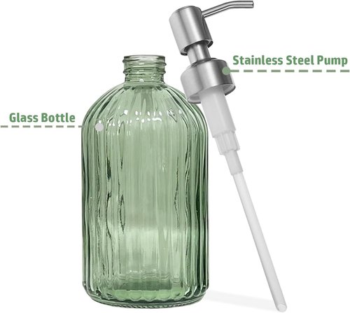 14Oz Green Soap Dispenser Bathroom - 2 Pack, Clear Glass Hand Soap Dispensers with Stainless Steel Pump, Refillable Dish Soap Dispenser for Kitchen, Countertop Soap Dispensers
