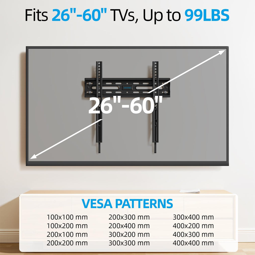 USX STAR Fixed TV Wall Mount - Ultra Slim Design for 26-60 Inch Screens | Quick Release Lock, Max VESA 400x400mm, Holds Up to 99 lbs