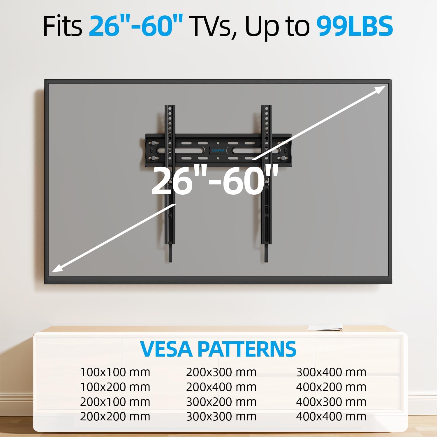 USX STAR Fixed TV Wall Mount - Ultra Slim Design for 26-60 Inch Screens | Quick Release Lock, Max VESA 400x400mm, Holds Up to 99 lbs