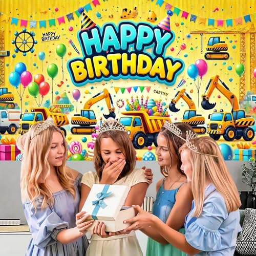 Construction Vehicle Birthday Backdrop Banner - 70.8 x 43.3 in