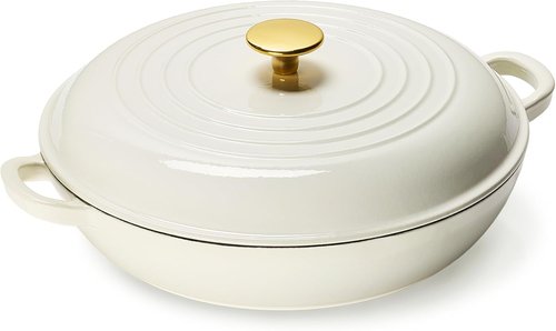 CAROTE Enameled Cast Iron Braiser Pan - 3.4QT Shallow Dutch Oven with Lid for Grilling & Baking | Non-Toxic White