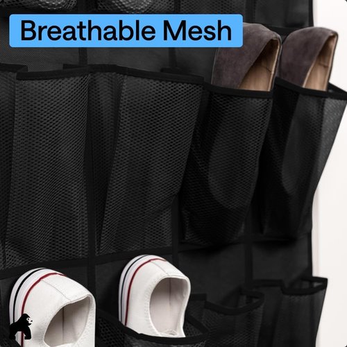 GORILLA GRIP Over The Door Shoe Organizer - 2 Pack With 24 Breathable Mesh Pockets | Space-Saving Storage Solution, Black