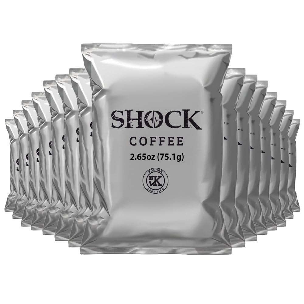 Shock Coffee Ground Stay Fresher Packs. The Strongest Caffeinated All Natural Coffee, Up to 50% more Caffeine than Regular Coffee, 6.6 pounds (40-2.65oz bags)
