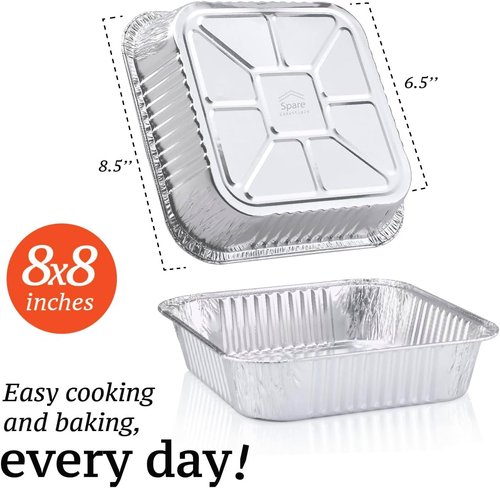 8x8 Foil Pans | 55 Pack Aluminum Baking Pans - Disposable for Heating & Baking Cakes - 8 Inch Square