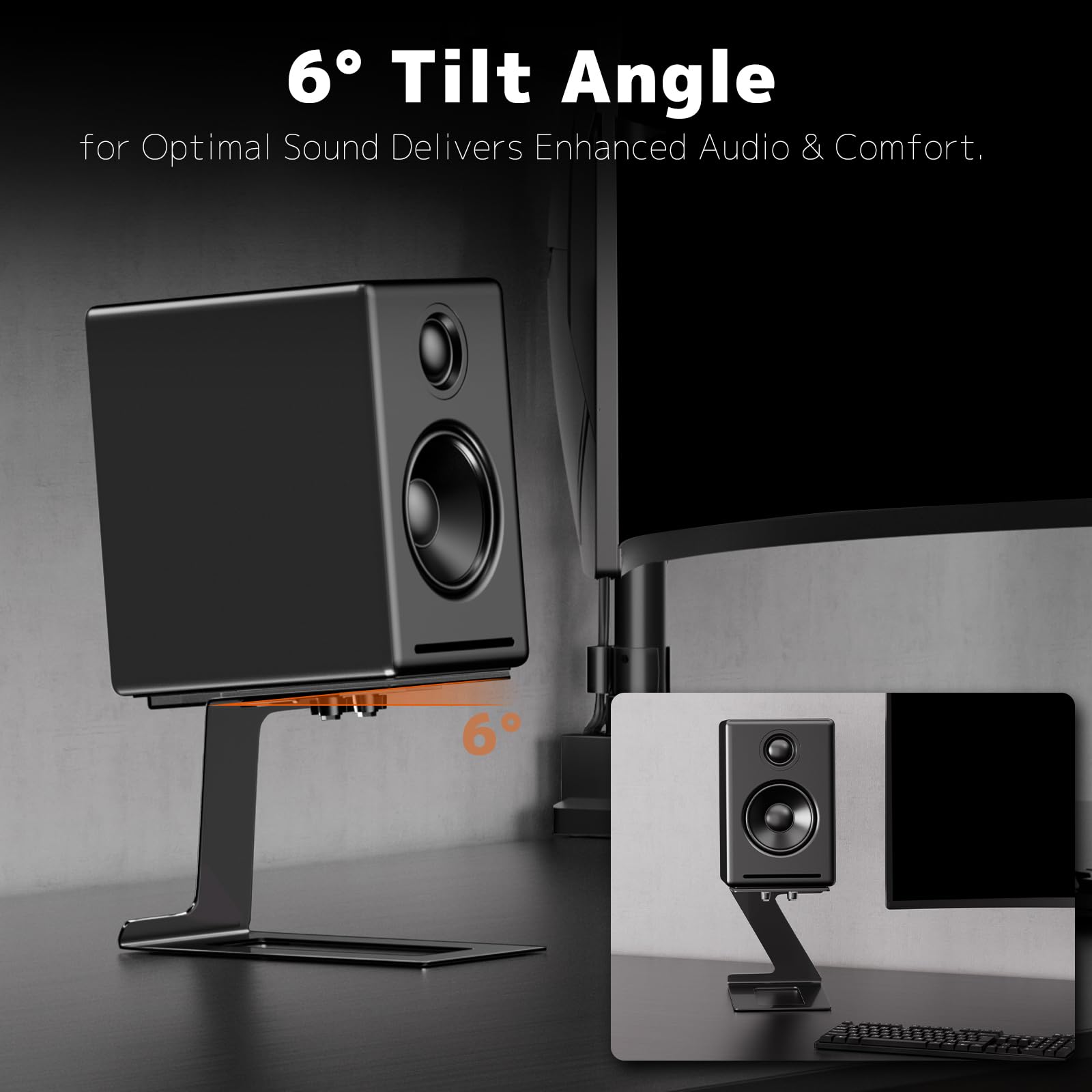PUTORSEN Desk Speaker Stands,Desktop Speaker Stands for Most Small & Medium Bookshelf Speakers, Computer Speakers,Depth Up to 7.71in,6 Tilt Angle,Speaker Risers with Vibration Absorption Pad, Black