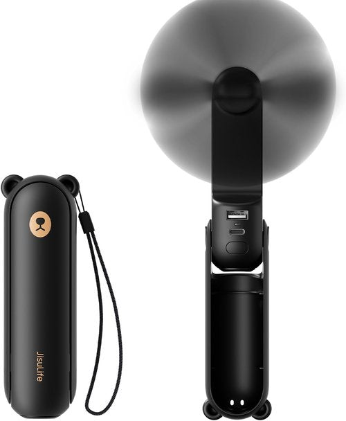 JISULIFE Handheld Mini Fan - 3-in-1 USB Rechargeable Portable Fan with Power Bank & Flashlight | Black