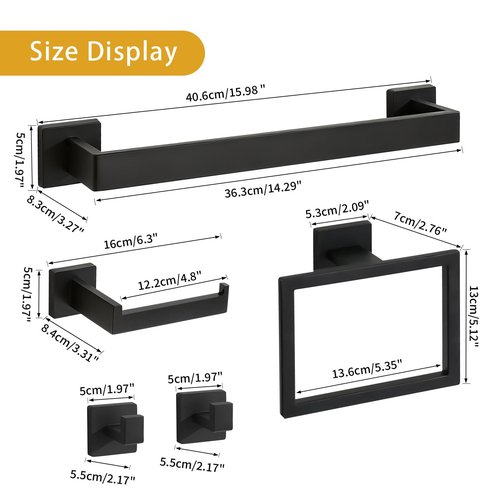 Twirobt 5-Piece Matte Black Bathroom Hardware Accessories Set - 16 Inch Stainless Steel Wall Mounted Towel Rack, Toilet Paper Holder, Towel Ring & 2 Hooks, Bathroom Organizer and Storage