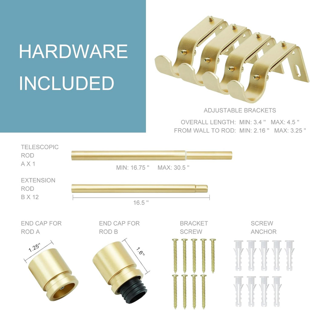 Byondeth Adjustable Curtain Rods - 16 to 200 Inches | 1 Inch Diameter with Warm Gold Aluminium Finials
