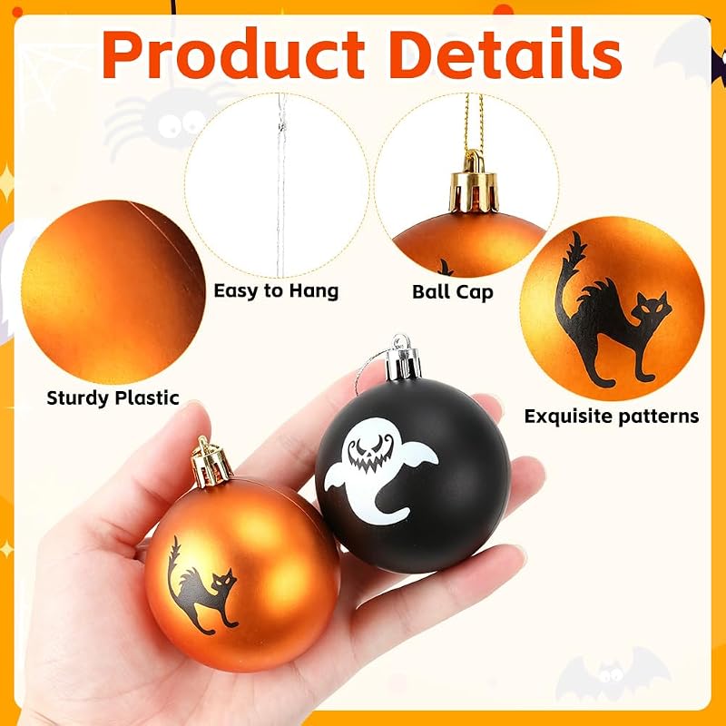 Hanging Halloween Ornaments 12-Piece Black & Orange Ball Decorations with String — 6 Designs