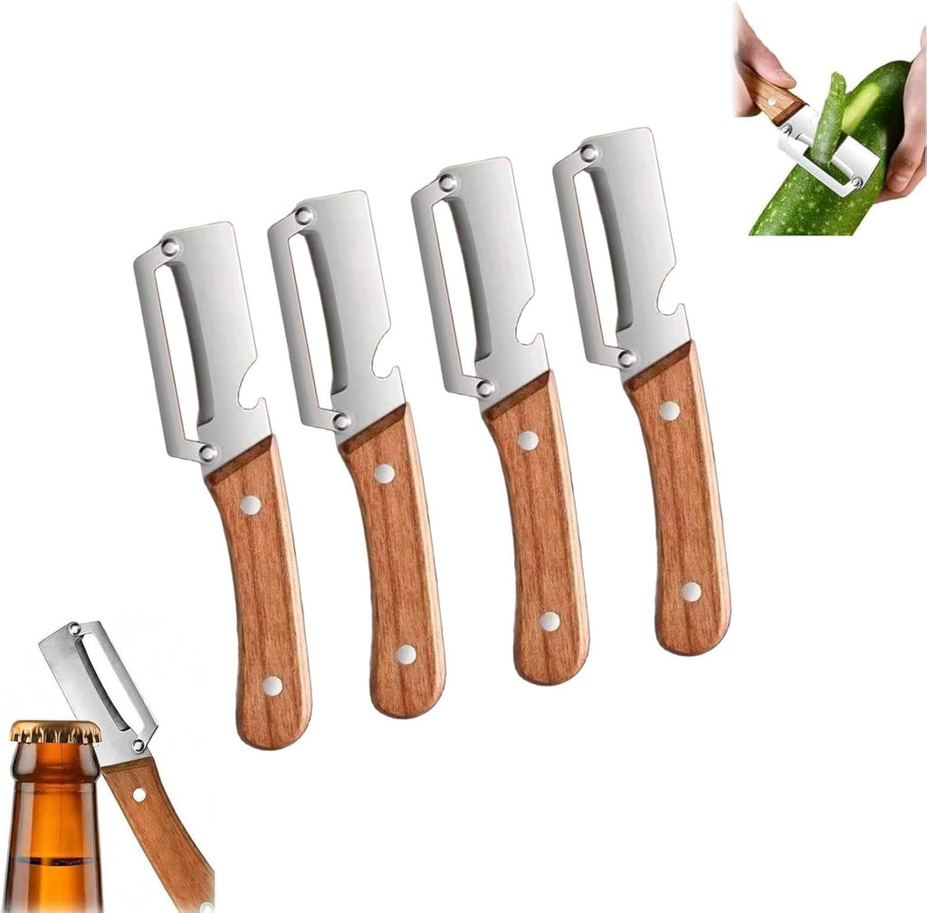 Skiennix 2-in-1 Vegetable Peeler - Multi-Functional Stainless Steel Blade with Wooden Handle | 4-Piece Set