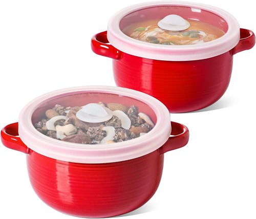 LE TAUCI Ceramic Soup Bowls - 28 oz Ramen Bowls with Handles & Silicone Lids | Microwavable, Oven Safe, Set of 2, Red