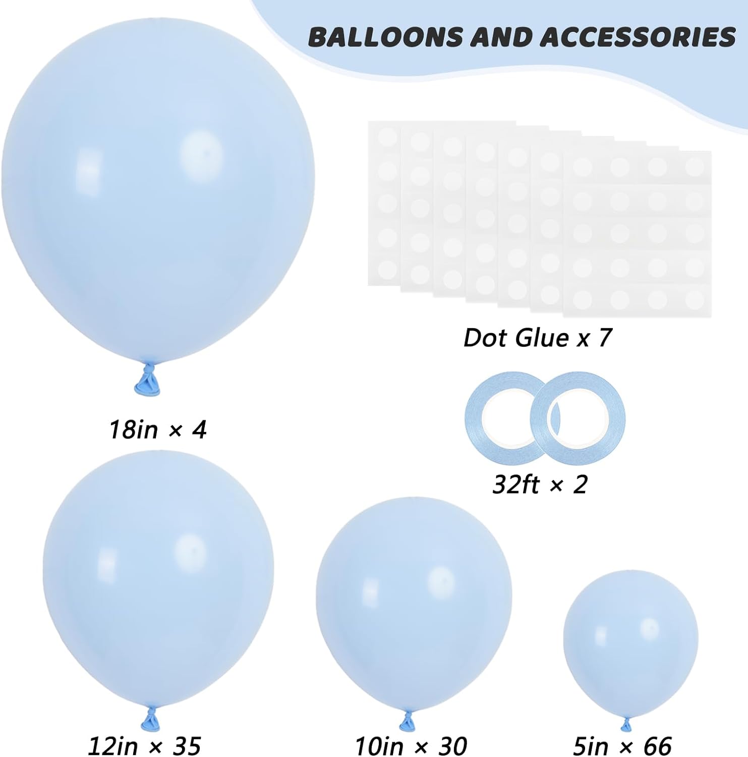 RUBFAC Light Baby Blue Balloons - 135pcs in Various Sizes for Baby Shower & Birthday Decorations | Latex Pastel Blue