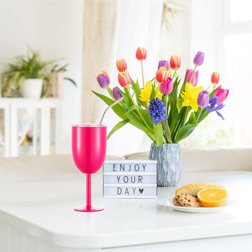 Gerrii 6 Sets Stemmed Stainless Steel Wine Glass with Lid and Straw 10 oz Unbreakable Metal Glass Cups Double Walled Vacuum Insulated Wine Tumbler, Gifts for Women Friends Birthdays Weddings, 6 Colors