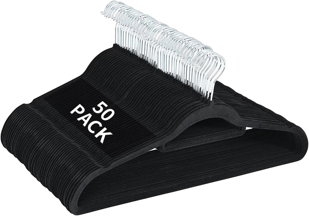 Skiennix Velvet Hangers - 50 Pack Heavy Duty Non-Slip Space Saving Coat Hangers | 360° Rotating Hook (Black)