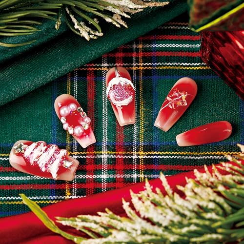 WISHDIAM Handmade Christmas Tree Press On Nails 3D Reusable Gel Nails Large
