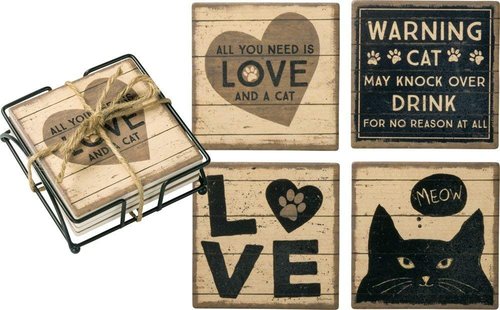 Primitives by Kathy Coaster Set All You Need is Love and A Cat Kitchen Accessories (39364)