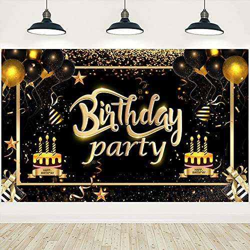 Black and Gold Happy Birthday Backdrop Banner - 70.8 x 47.2 inches