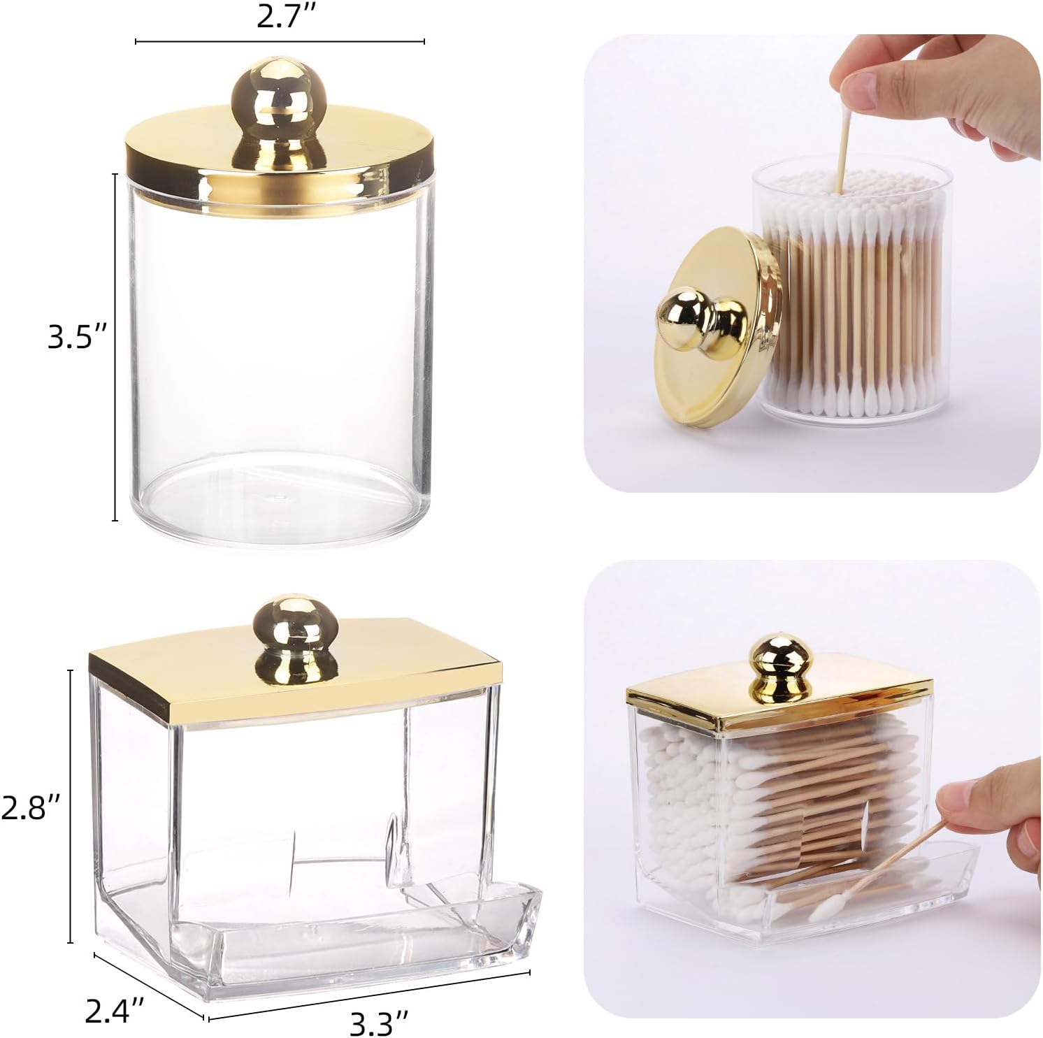 Tbestmax Q-Tips Dispenser - Elegant Bathroom Organizer with Gold Lids | Plastic Apothecary Jars for Cotton Balls and Swabs