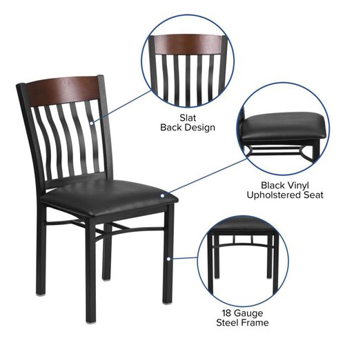 Flash Furniture Eclipse Series Vertical Back Black Metal and Walnut Wood Restaurant Chair with Black Vinyl Seat