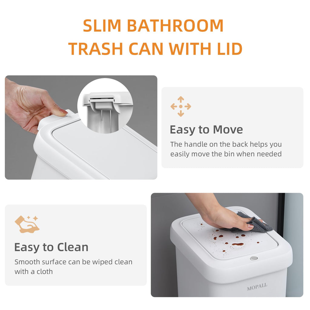 MOPALL 1.9 Gallon Slim Bathroom Trash Can with Lid - Dual-Way Opening (Step Pedal & Press Top) Small Trash Can for Narrow Spaces, Rust-Proof Wastebasket Small Garbage Can for Bathroom, Bedroom, Office