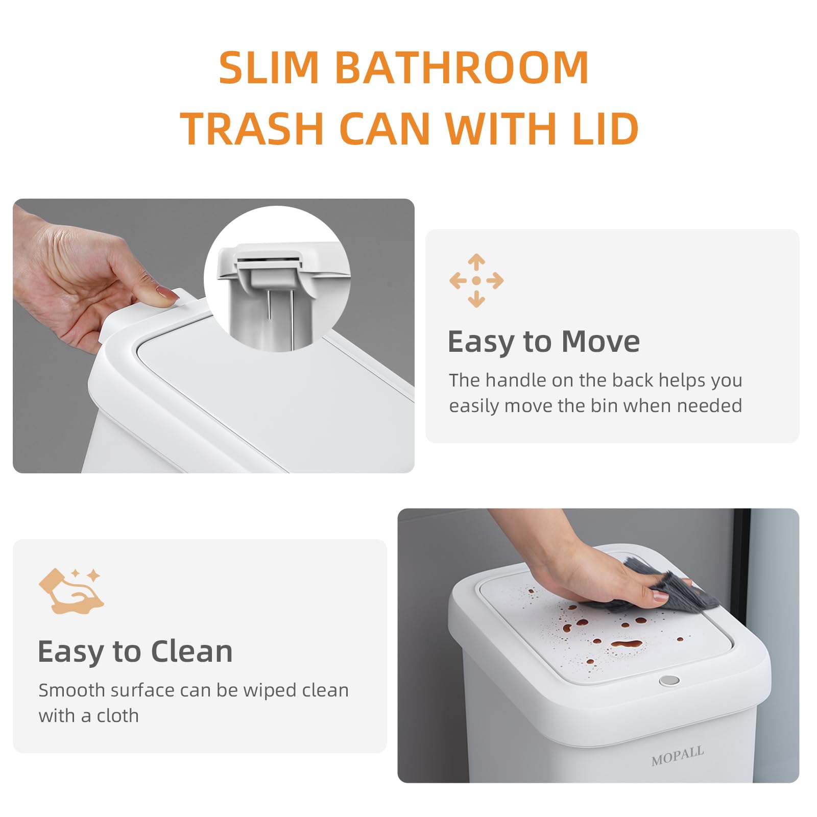 MOPALL 1.9 Gallon Slim Bathroom Trash Can with Lid - Dual-Way Opening (Step Pedal & Press Top) Small Trash Can for Narrow Spaces, Rust-Proof Wastebasket Small Garbage Can for Bathroom, Bedroom, Office