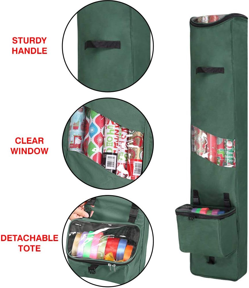 Primode Heavy-Duty Christmas Gift Wrap Storage Bag - Long Wrapping Paper Organizer with Detachable Tote | 48"x10"x5" (Green)