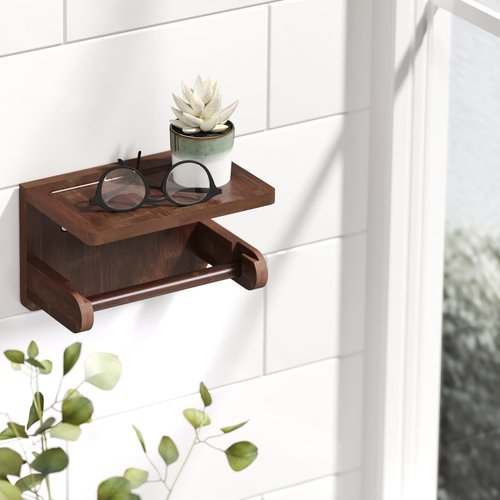 VERTORGAN Toilet Paper Holder with Phone Shelf,Bamboo Wall Mounted Tissue Roll Holder for Bathroom (Brown)