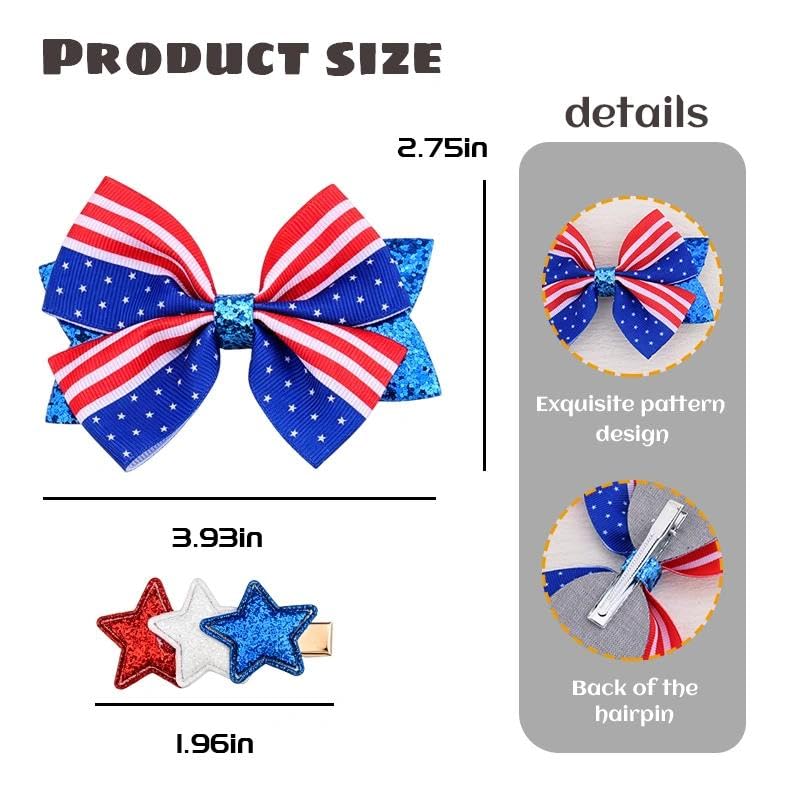 Patriotic 4th of July Bow Hair Clips Set - Red White and Blue American Flag Hairpins (3 Pcs)