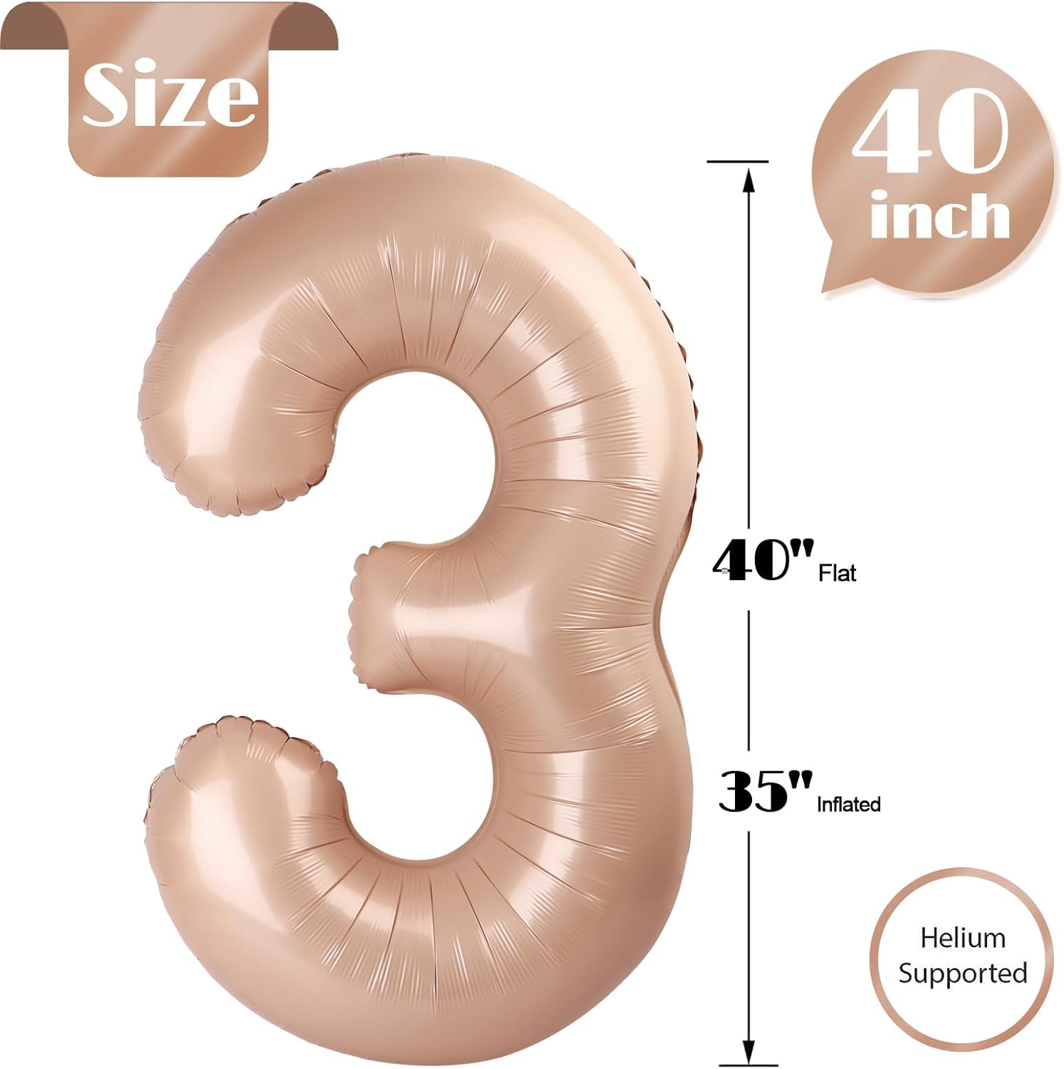 Beige 3 Balloon - 40 Inch Tan Number Balloon for 3rd Birthday Decorations | Perfect for Kids & Adults