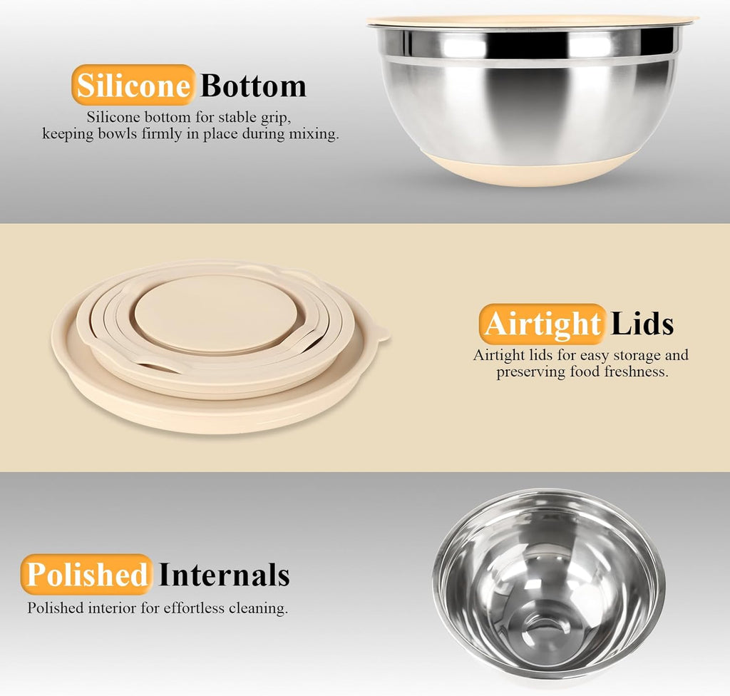 Skiennix Mixing Bowls Set - 20 PCS Kitchen Gadgets with Airtight Lids & Non-Slip Silicone Bottoms | Khaki