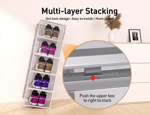Kuject X-Large Shoe Storage Boxes - Clear Plastic Stackable Organizers | 12 Pack for Sneakers & Toys - Grey