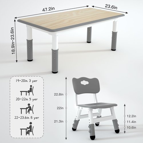 LulliSpace Kids Table and 6 Chairs Set，Height Adjustable Children Table & Chair，Toddlers Study Multi-Activity Table with 47.2"x23.6" Wipe-Clean Desktop，for Classrooms, Homes & Daycares