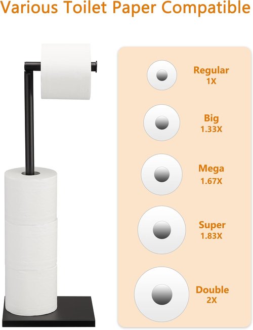 DECLUTTR Free Standing Toilet Paper Holder - Stainless Steel Pedestal with Reserve - Black Finish