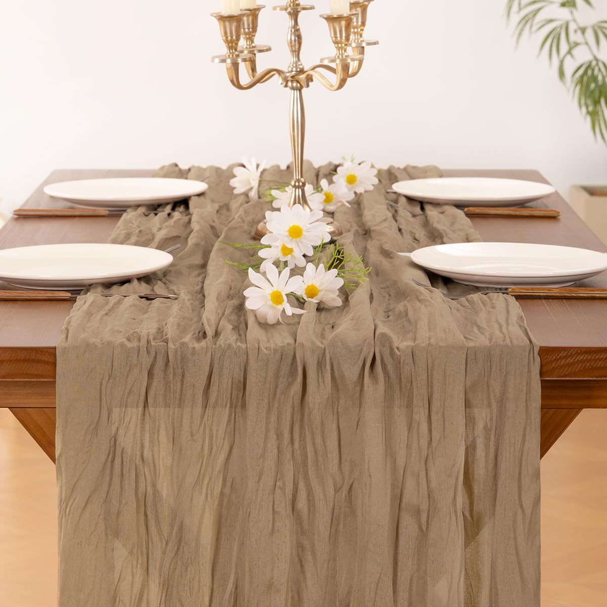 Socomi Cheesecloth Table Runner - 2pcs Nude Brown Boho Rustic 120 Inch for Weddings & Events