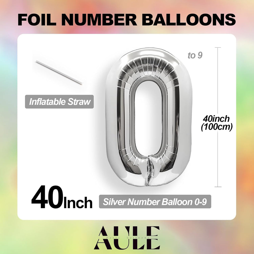AULE 40-Inch Silver Foil Number Balloon | Jumbo 0-9 Helium Birthday Party Decor