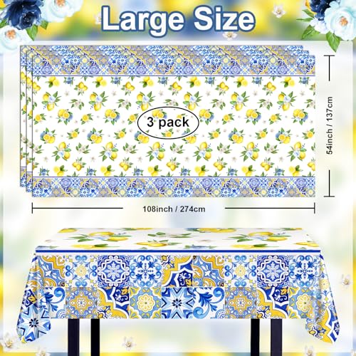 Avezano Lemon Theme Disposable Tablecloths - 3 Pack, 108x54 Inch Table Covers
