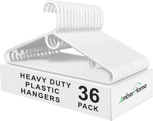 Amber Home Heavy Duty Plastic Hangers - Non-Slip White Clothes Hangers with Pants Bar | 36 Pack for Closet Organization