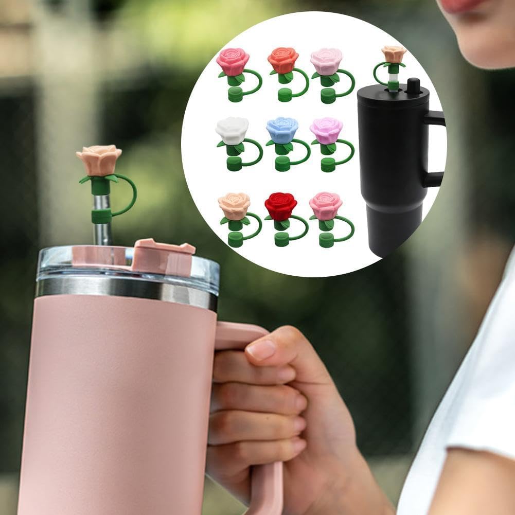 9 Pcs Silicone Rose Straw Cover Cap for Stanley Cup, Flower Straw Toppers Compatible with 6-10mm Drinking Straw, for Stanley Cup for Women Valentine's Gift