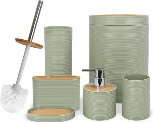 CERBIOR 6-Piece Bamboo Bathroom Accessories Set - Soap Dispenser, Toothbrush Holder & More | Sriral Green