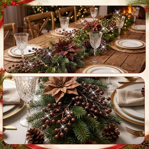 Christmas Berry Picks Set - 12 Artificial Glitter Brown Berry Stems