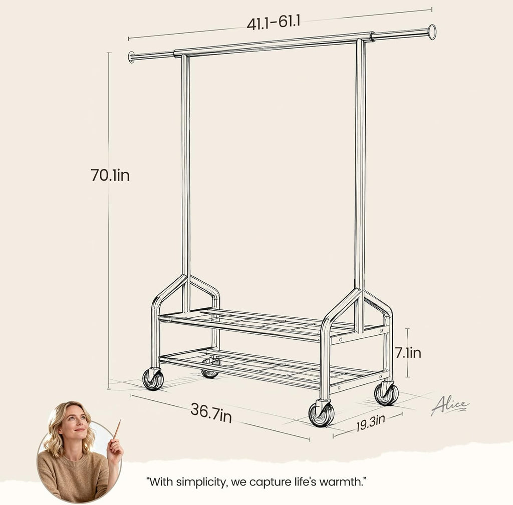 Skiennix Heavy Duty Clothes Rack - Rolling Metal Garment Rack with 650 LBS Capacity & 2 Shelves | Silver