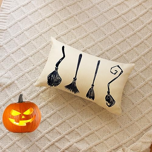Halloween Witch Broom Throw Pillow Cover - 12x20 Inch Black Cushion Case