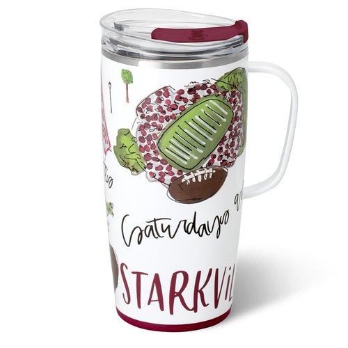 Swig Life 22oz Travel Mug, Insulated Tumbler with Handle and Lid, Travel Coffee Mug, Cup Holder Friendly, Stainless Steel 22 oz Tumbler, Reusable Insulated with Lid (Saturdays in Starkville)