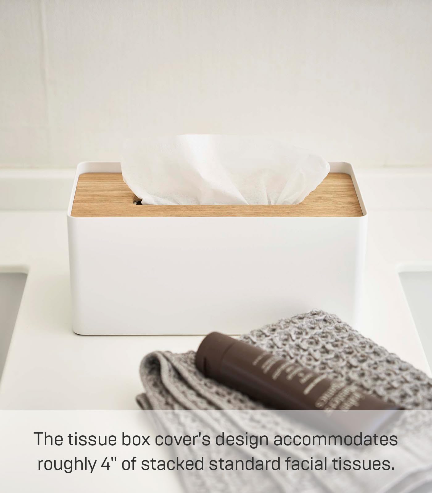 Yamazaki Home Rin Reusable Tissue Box Cover Metal Holder Container Case with Natural Wooden Lid - Steel