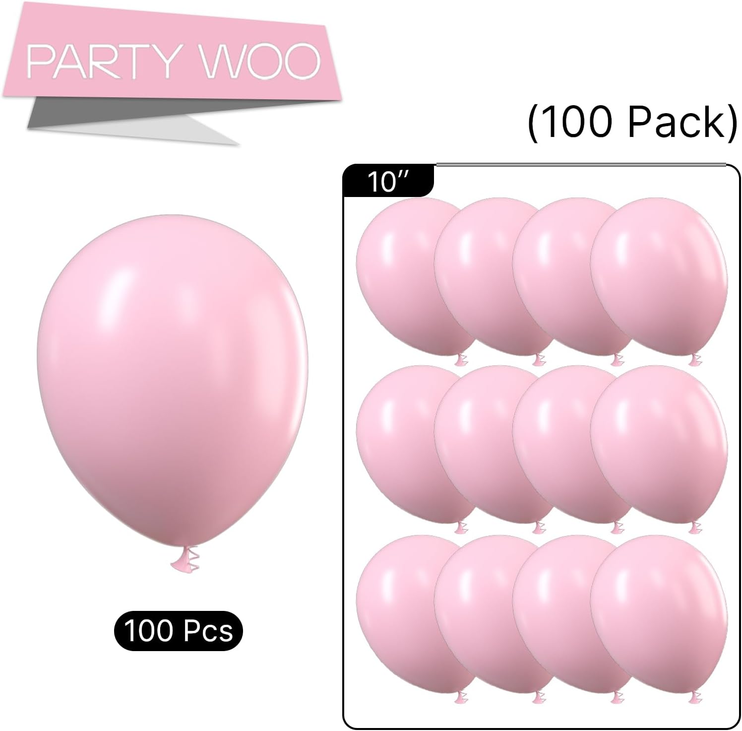 PartyWoo Light Pink Balloons - 100 Pcs 10 Inch Pastel Latex Helium Balloons for Baby Shower & Parties