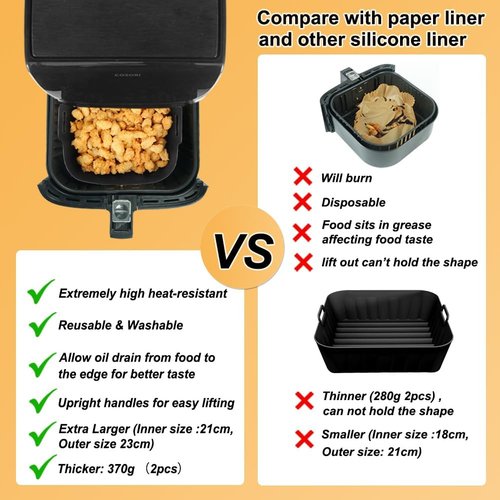 BYKITCHEN 9-Inch Square Silicone Air Fryer Liners - Set of 2, Reusable Tray Inserts for 6 to 8QT Air Fryers