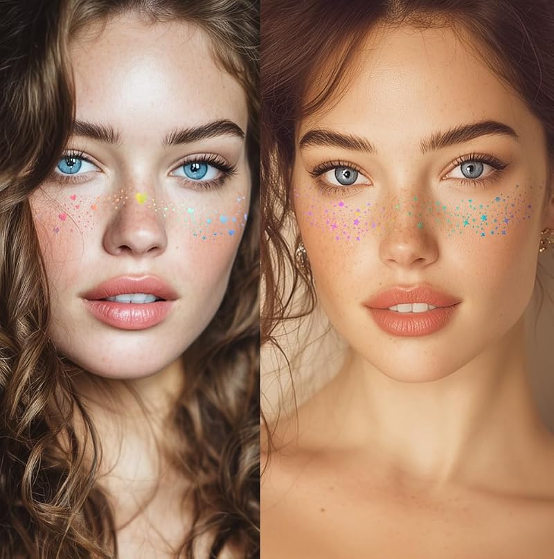 TEIHWAL 8 PCS Holographic Glitter Freckles Face Tattoo Stickers, Waterproof Rainbow Sparkle Makeup Patches for Music Festivals